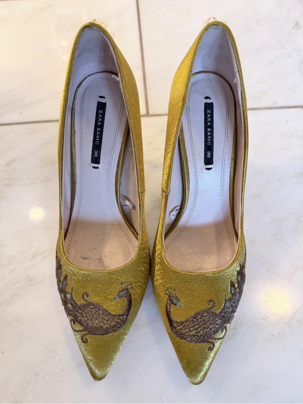 Zara Gold Velvet Pointed Heels with Embroidered Peacock Motif